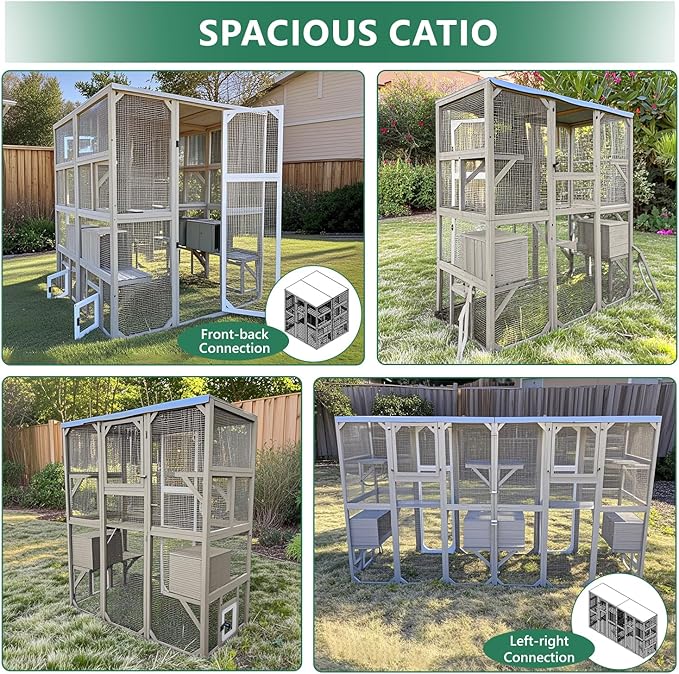 Large Outdoor Cat Catio Enclosures, Wooden Catio Window Cat Patio for Cats Feral with 5 Platforms, 2 Resting Rooms, Waterproof Cover