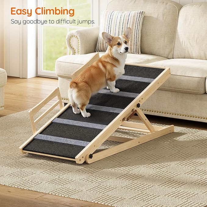 HOOBRO Dog Ramp for Bed, 47.2" Long Foldable Pet Ramp with Non-Slip Mat and Side Rails, Wooden Dog Ramp for High Beds, Couch and Car, 5 Height Adjustable from 15.6" to 25.2", Natural, NB42PT03