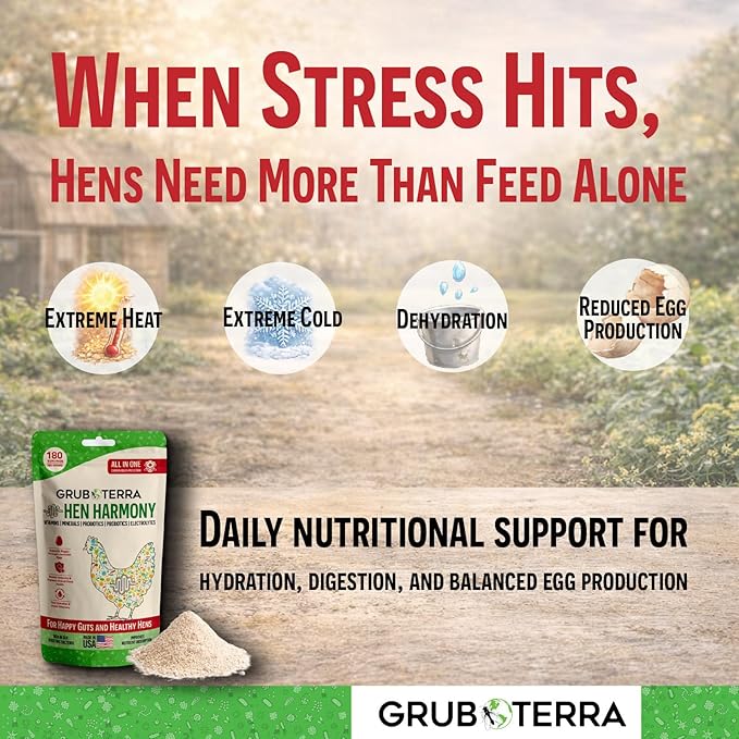 GrubTerra Hen Harmony – All-in-One Chicken Electrolytes for Water with Probiotics & Prebiotics, Daily Gut Supplement and Vitamins Supporting Hydration, Digestion, Egg Production – 180 Servings