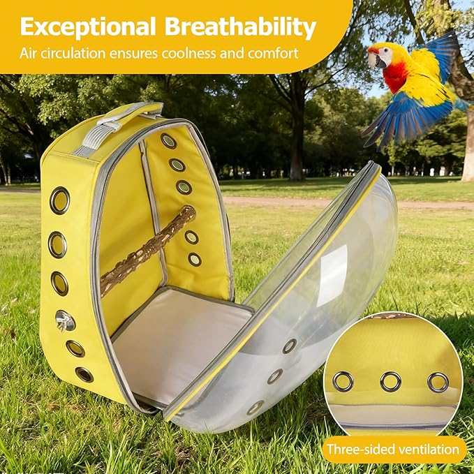 Transparent Parrot Backpack,12 Holes Ventilate Space Capsule Carrier,Stick Wooden Standing Perch,Portable Double Shoulder Outdoor Pet Backpack Carrier for Birds and Pets (Pink,Without Stick)
