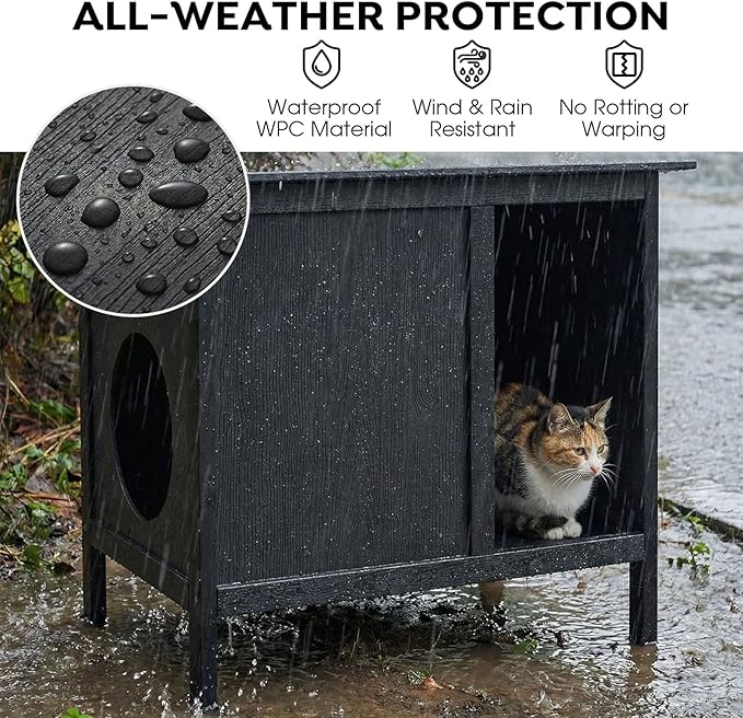Veehoo Outdoor Cat House Weatherproof, Outside Feral Cat Shelter with Escape Door Design, Elevated Outdoor Pet Shelter for Stray Cats