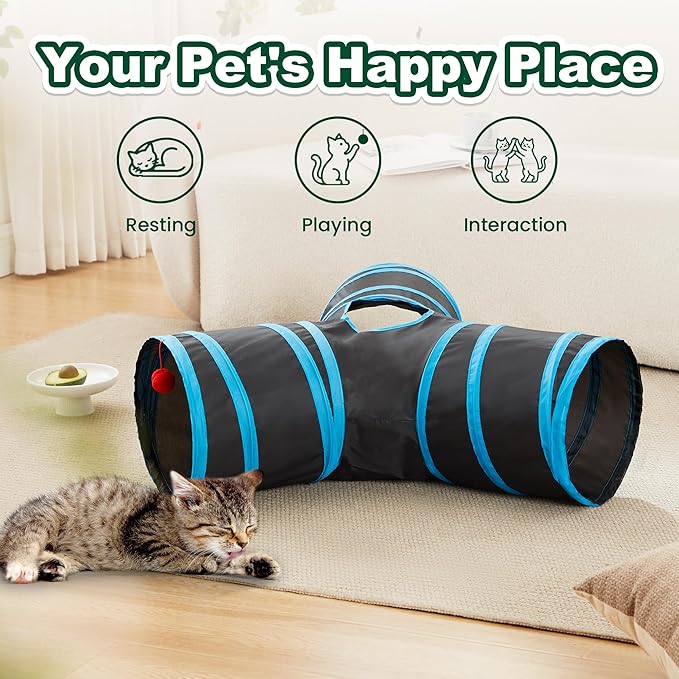 Love’s Cabin Cat Tunnel for Indoor Cats, 3-Way Collapsible Play Tunnel with Teaser Wand, Peek Holes & Toy Ball, Small Pet Toy for Kittens & Rabbits, Black & Blue, Small Size