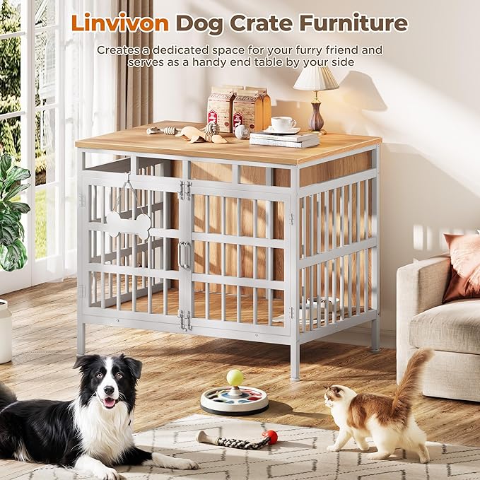 Large Dog Crate Furniture, Wooden Dog Kennel Furniture for Medium Large Dogs, Double-Doors Sturdy Metal Dog Cage for Anxiety Dog, Anti Escape Wooden Cage with Name Tag End Table, TV Stand Beige