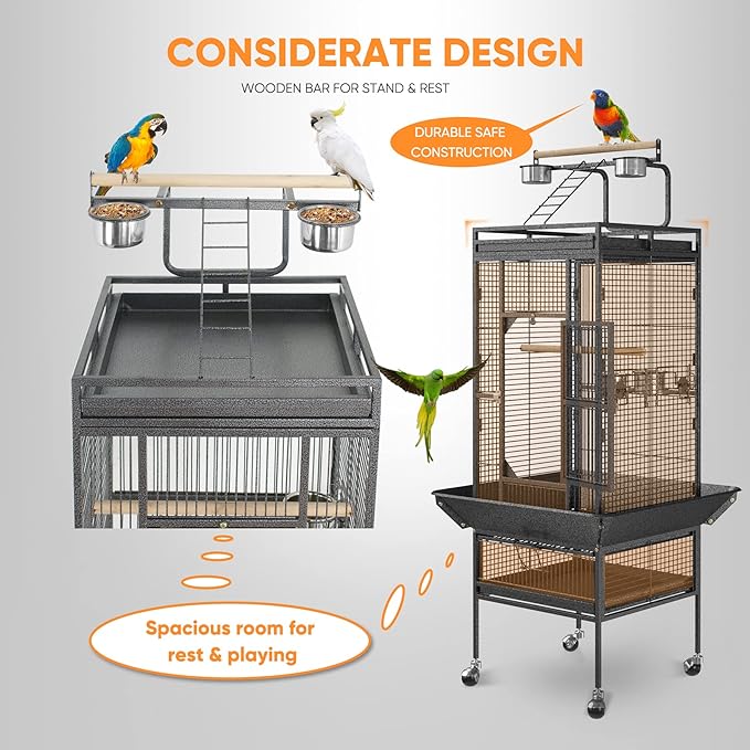 LEMY 61 inch Iron Play Top Bird Cage Large Pet Cage Birdcage with Stand Chinchilla Macaw Cockatiel Cockatoo Finch Parakeet Pet House (61 inch)