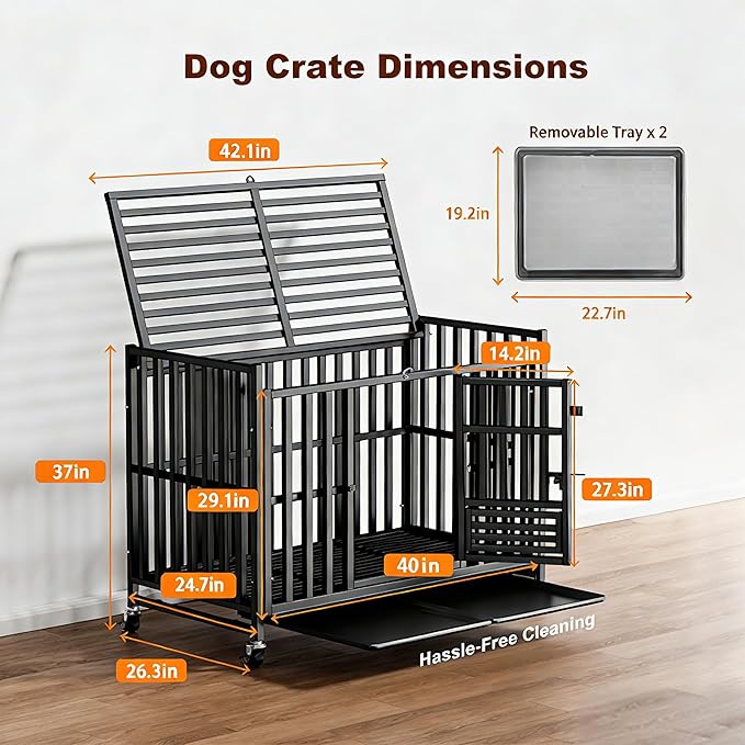 Heavy Duty Dog Crate, Reinforced Thickened Steel Frame Indestructible Kennel for Large & High Anxiety Dogs, Escape Proof Design with 3 Doors, 4 Lockable Wheels and 2 Removable Trays (42inch)