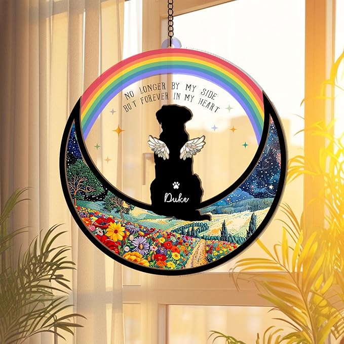 Personalized Dog Memorial Suncatcher – Custom Suncatcher with Name, Breed & Rainbow Bridge Background for Up to 3 Pets, Pet Loss Gift, Sympathy Keepsake for Dog Lovers