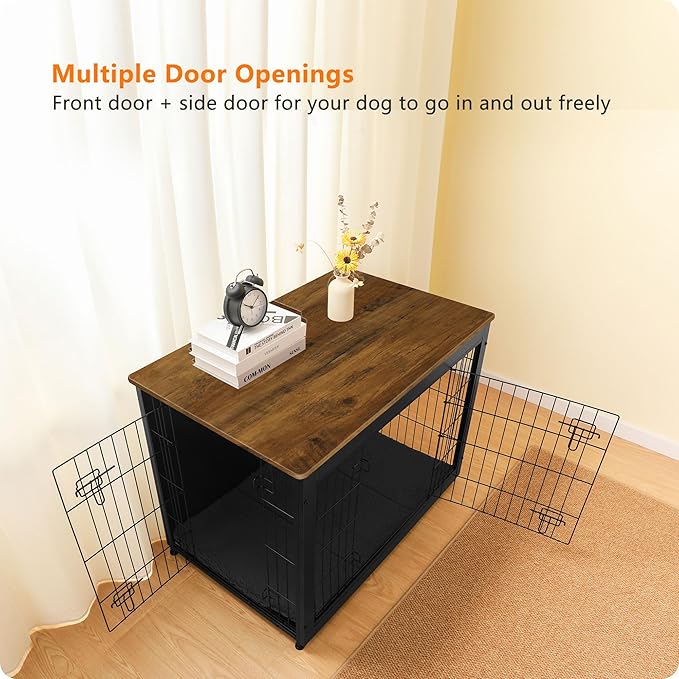 DWANTON Dog Crate Furniture with Cushion, Wooden Kennel Table with Double Doors, Indoor Dog House, Large Size, 38.5" L, Black+Warm Brown