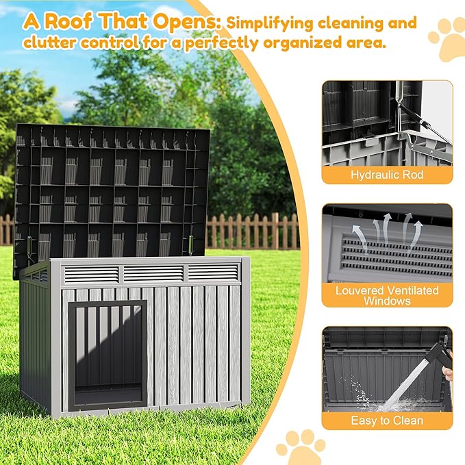 Fancyango Large Dog House for Indoor & Outdoor - Weatherproof & Removable Roof, Fits Small to Large Dogs (42.8" L x 33" W x 31.5" H) - Grey