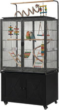 beeNbkks 65" Bird Cage with Storage Cabinet & Clear View Front Doors, Rolling Metal Parakeet House with Stand, Large Parrot Aviary for Cockatiels Conures Budgies, 0.5" Bar Spacing, Deep Grey