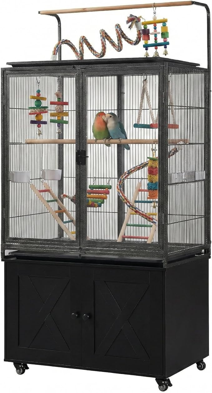 beeNbkks 65" Bird Cage with Storage Cabinet & Clear View Front Doors, Rolling Metal Parakeet House with Stand, Large Parrot Aviary for Cockatiels Conures Budgies, 0.5" Bar Spacing, Deep Grey