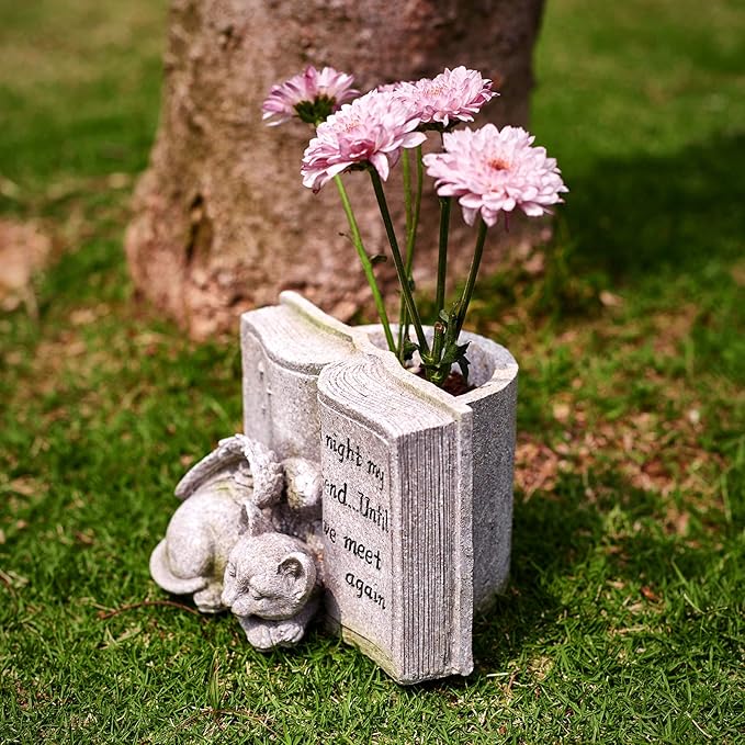 Cat Angel Memorial Stones, Sleeping Cat Grave Stone Markers Forever in Our Hearts. Cat Angel Figurine Outdoor Best for Deceased Pet Cat Polyresin, Stone Finish