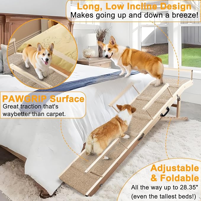 Dog Ramp for Bed, Couch & Car – Adjustable Foldable Pet Ramp, 64.17" Long, 17.72" Wide, Non-Slip Surface with Safety Rails, 8 Heights 20.08"-28.35", Supports 220 lbs, Solid Wood (Wood, 17.72)