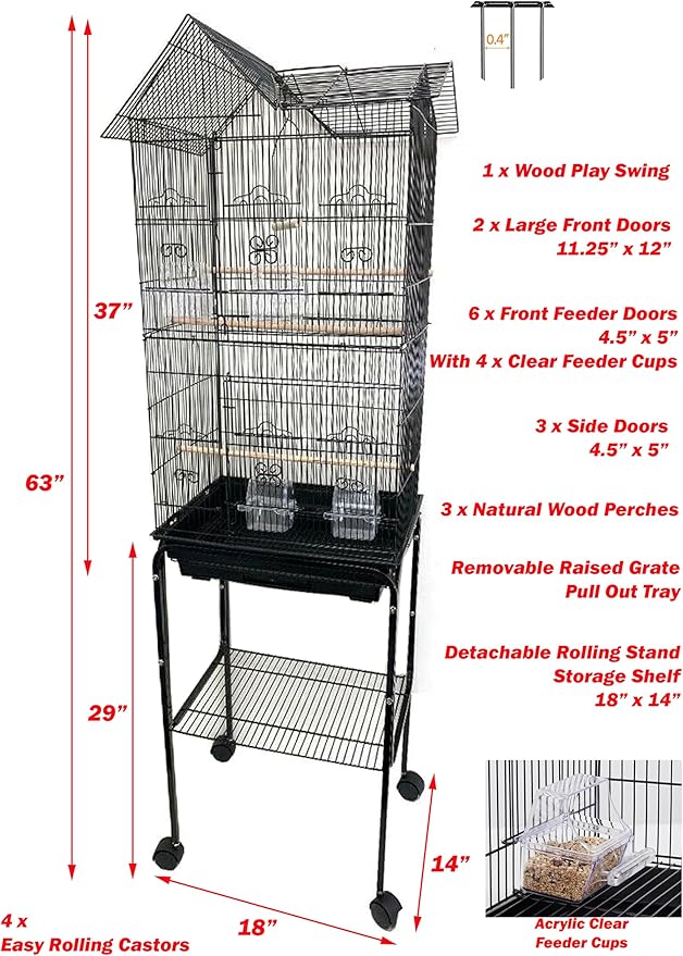 Large Roof Top Bird Flight Cage Home Canary Parakeet Cockatiel Lovebird Finch with Rolling Stand