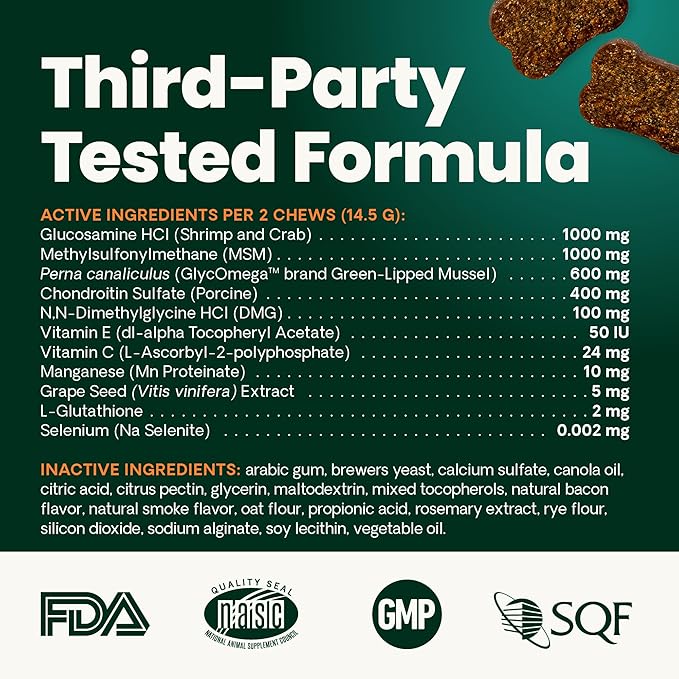 VetriScience Ultimate Strength Healthy Hip & Joint Chews, GlycoFlex Glucosamine, Chondroitin & GreenLipped Mussel Support Supplement for Dogs, Soothe Joint Discomfort, Duck,120 Ct (Pack of 2)