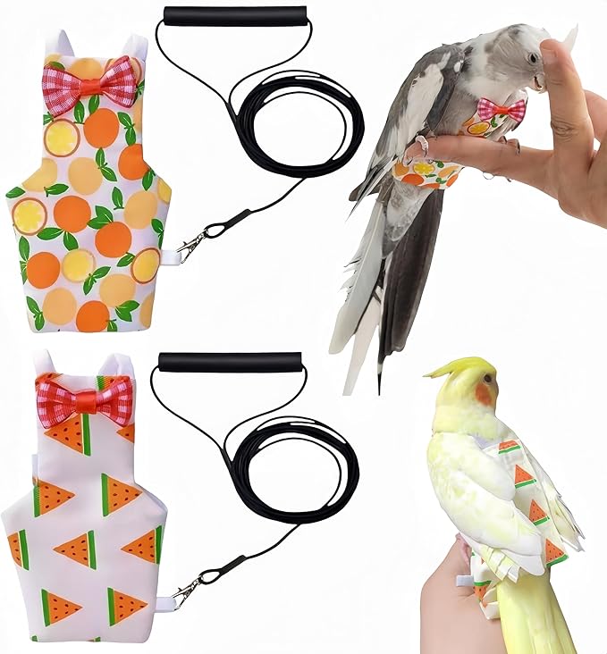 2Pcs Bird Diapers Bird Harness Flight Suits Diapers with 2Pcs 80 Inch Flying Leash Parrot Nappy Pigeon Pants Urine Wet Suit for Cockatiel Conure Macaw Budgies Parakeet-Watermelon&Orange
