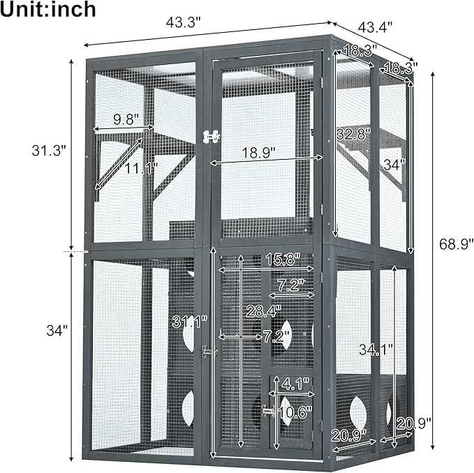 Merax Wooden Catio Indoor Outdoor Cat Enclosure with 7 Removable Boxes, Luxury Cat Cage Condo with Large Enter Door, 2 Platforms, Small House with Locks & Waterproof Roof， Grey