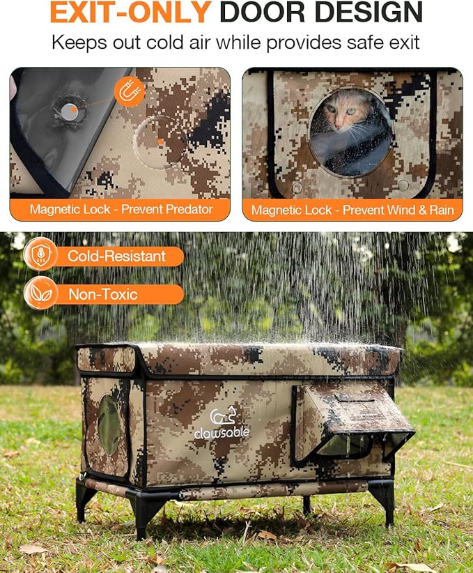 Indestructible Heated Cat House for Outside Winter, 100% Waterproof, Safe Escape Door, Insulated Outdoor Cat Shelter with Heater for Feral Barn Cat Kitty (Desert Camouflage, 12"x16"x18")