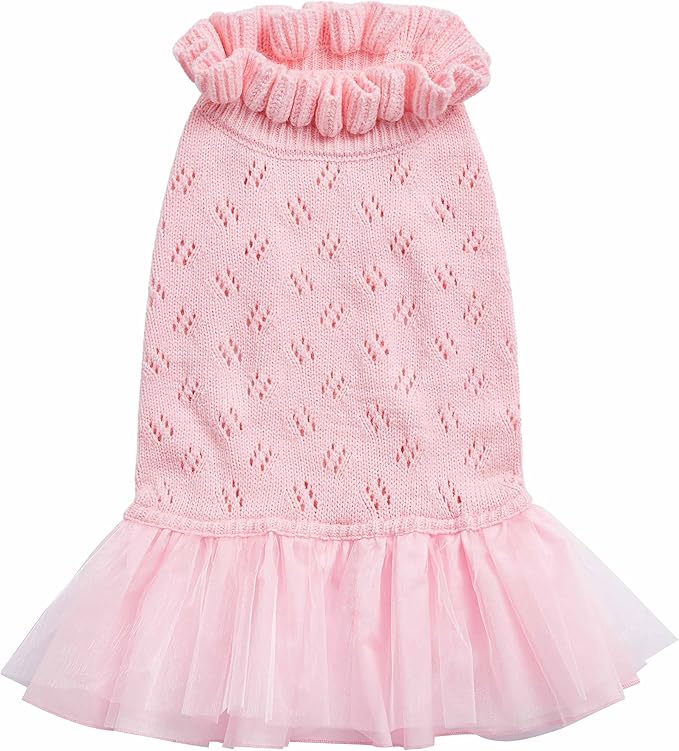 Blueberry Pet My Cutie Princess Ruffle Collar Dog Sweater Dress with Layered Tulle, Pink, Back Length 12", Fall Winter Clothes for Girl Dogs