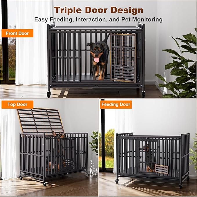 Heavy Duty Dog Crate, Reinforced Thickened Steel Frame Indestructible Kennel for Large & High Anxiety Dogs, Escape Proof Design with 3 Doors, 4 Lockable Wheels and 2 Removable Trays (48inch)