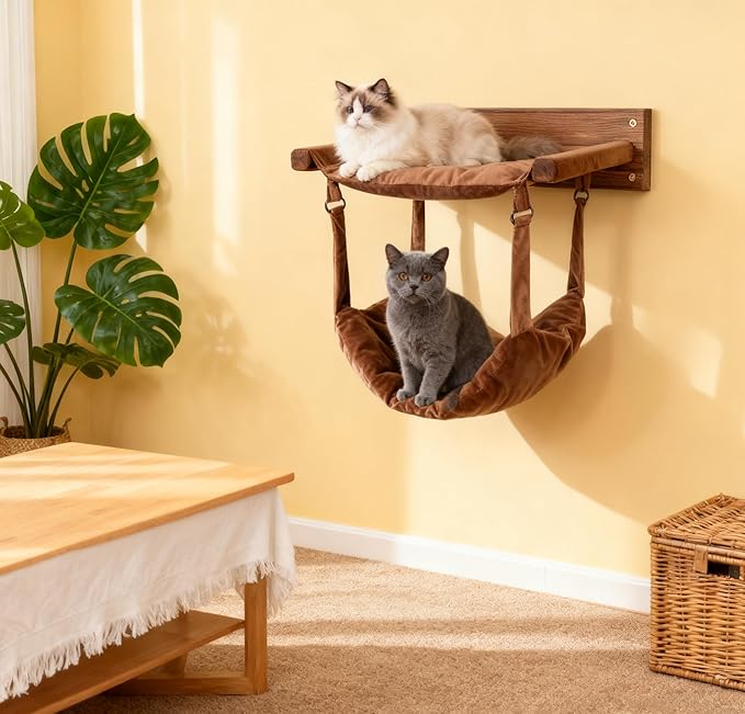 JSPYFITS Wooden Cat Wall Hammock, 18.9 x 12.6 Inch Double Layer Cat Furniture Hammock, Large Removable Multi-Function Cats Bed for Sleep/Play/Climb/Lounge Easy DIY Installation(Brown)