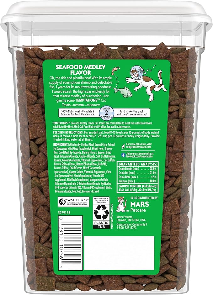 Temptations Cat Treats, Classic Crunchy and Soft Cat Treats, Seafood Medley Flavor, 16 oz. Tub