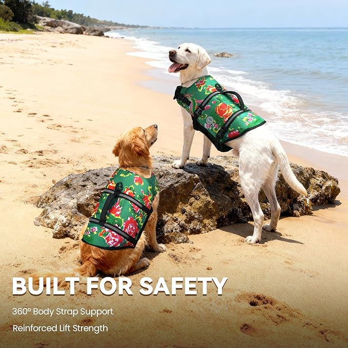 VIVAGLORY Rip Stop Dog Life Vest, Swimming Vest with Handle, Buoyancy for Doggy Puppy, Dog Life Jacket for Swimming & Boating, XXS, Northeast Florals-Green
