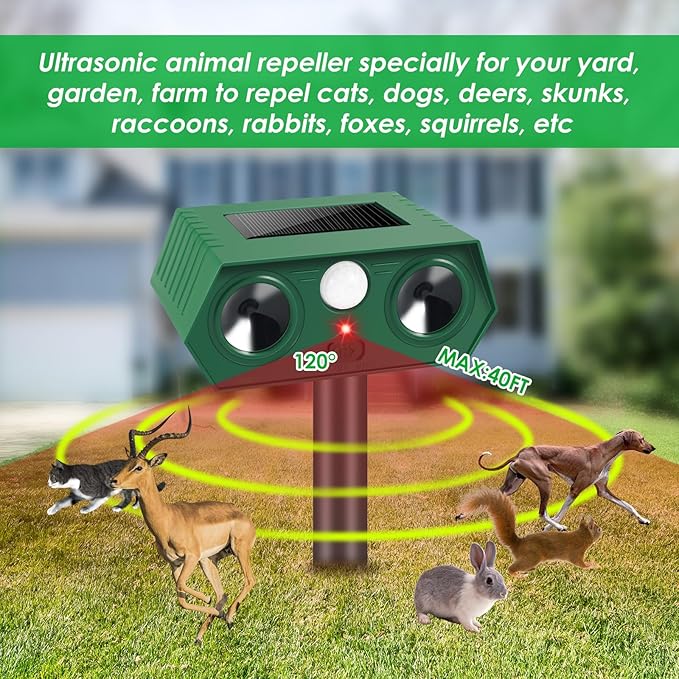 Solar Ultrasonic Animal Repeller Outdoor Cat Deer Repellent Devices, Animal Deterrent Control for Rabbit Raccoon Dog Squirrel Coyote Skunk Repellent for Yard Garden Farm,4 Pack ﻿