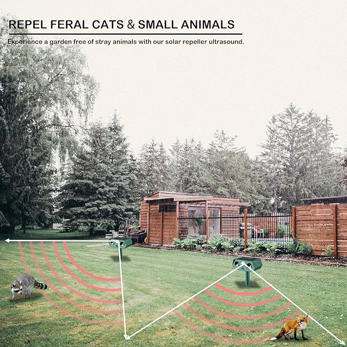 Solar Ultrasonic Animal Repellent 2 Pack,Cat Repellent for Outdoor with Motion Sensor,IP44 Waterproof Deer Repeller,Squirrel, Deer,Snake, Rabbit, Mole,Raccoon,Skunk,Yard Lawn Repeller Defender Rat