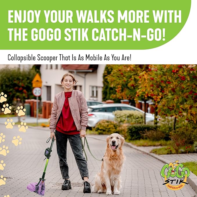 GoGo Stik, Catch-N-Go! Consumer Reports #1 Rated Ergonomic Scooper 2023-2026. Catch Poo on Walks. Alum Tele-Handle, Bag Pouch Dispenser, Wrist Strap. 10-Yr Wty.