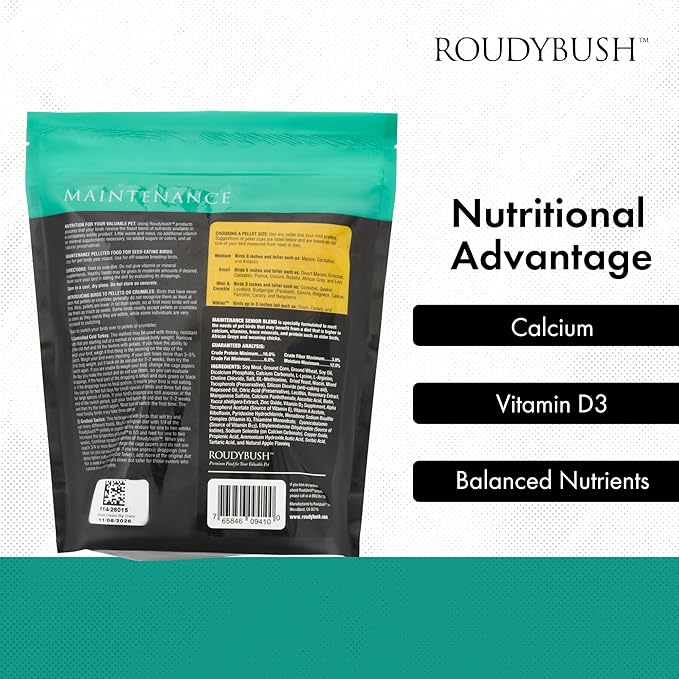 RoudyBush Senior Diet for Adult Birds - Scientifically Formulated Bird Feed - Bird Food Pellets w/Corn, Wheat, Soy & More - Nutritious & Healthy Feed for Birds (Mini, 44oz)
