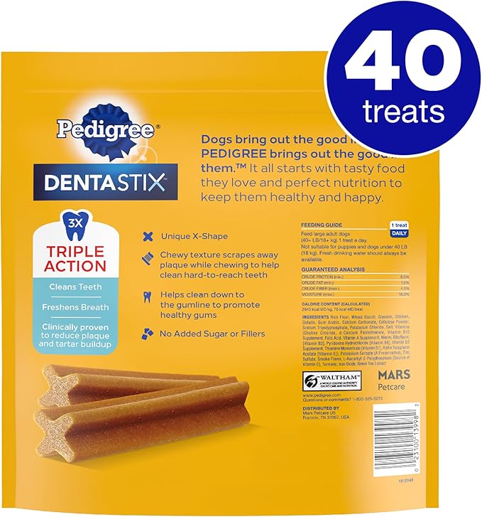 Pedigree Dentastix Large Dog Treats, Original Flavor with Real Chicken, 2.08 lb. Bag (40 Treats Total)