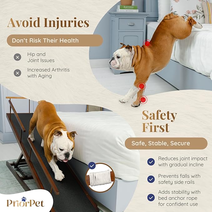 Dog ramp for Bed - PRIORPET Birchwood Adjustable Ramp for Dogs to Get on Bed: Dog ramps for High Beds up to 37 Inches – Foldable Ramp, Anti-Slip Grip & Safety Rails, Small Dogs Up to 120lbs – Walnut