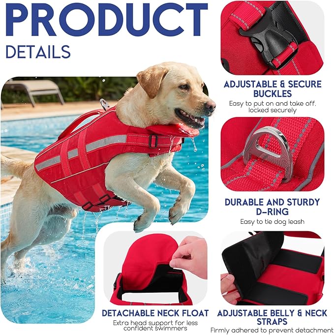 ASENKU Removable Front Float Dog Life Jacket, High Buoyancy Dog Life Vest with Reflective Strips & Rescue Handle for Swimming & Boating, Adjustable Life Jacket for Dogs(Red M)