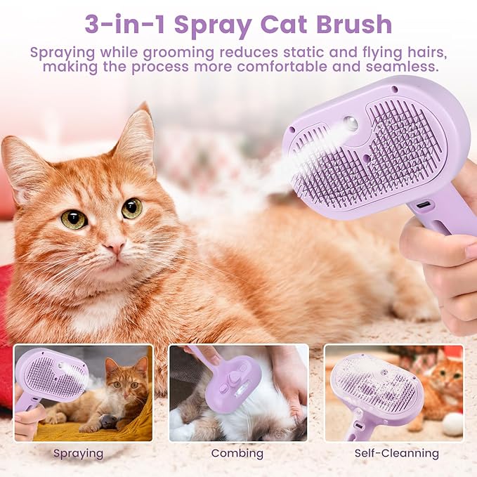 3 in 1 Cat Steam Brush, Pet Spray Hair Removal Comb for Shedding & Grooming, Water Brush for Cats Dogs Small Animals Long Short Haired with One-Click Release Button(Purple)