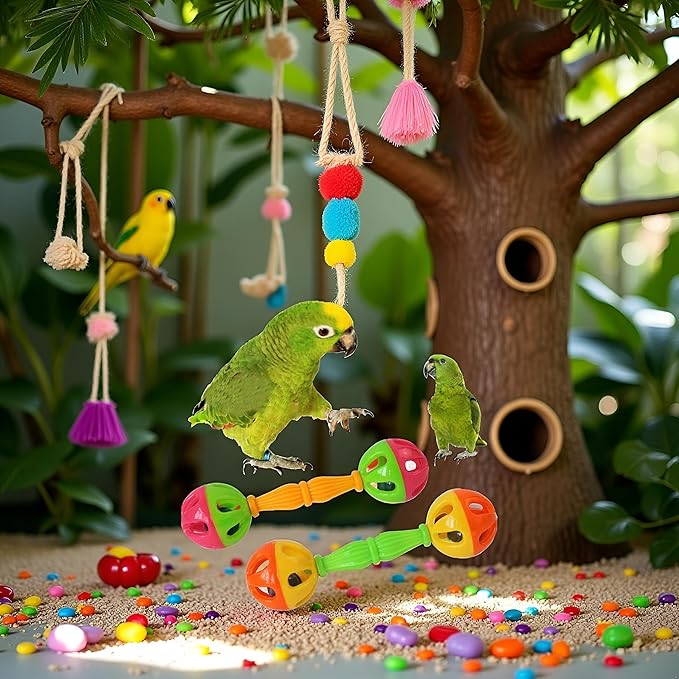 2 Pcs Bird Parrot Toy Rattle Birds Fun Exercise Plastic Double-Headed Bell Pet Toys Small and Medium Birds Foraging Foot Toy,Bird Toys, Pet Supplies