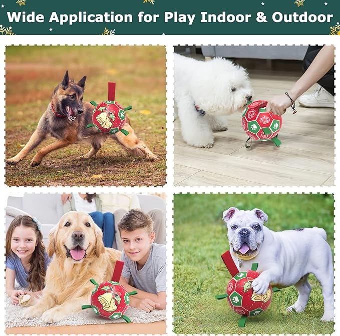 QDAN Christmas Dog Balls with Straps, Squeaky Dog Toys for Indoor Outdoor Playing, Puppy Birthday Gifts, Pet Toy Ball, Durable Herding Balls for Dogs (8 Inch)