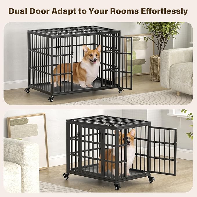 VERIFURTY 36 Inch Heavy Duty Dog Crate for Medium and Large Dogs with Self-Locking Latch, Escape-Proof Steel Dog Kennel Indoor, Double Door Metal Pet Cage with Wheels and Removable Floor