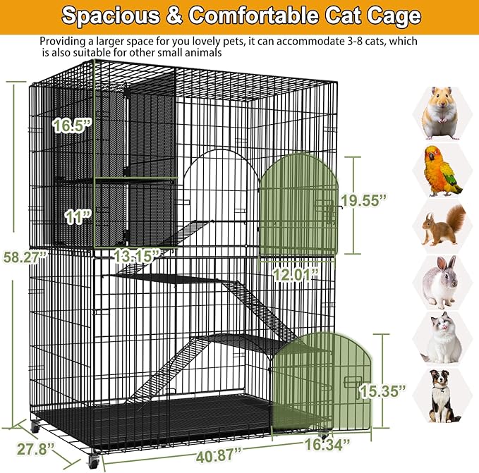 Extra Large Collapsible Cat Cage Indoor with Storage Cube, 4-Tier Cat Crate Black Metal Cat Enclosure with 360° Rotating Casters & Hammock for Kittens, Small Animals