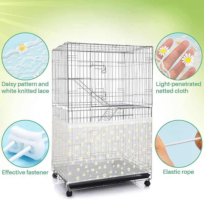 Shappy Large Bird Cage Net Cover for Seed Bird Cage Skirt Seed Catcher with Daisy Pattern Adjustable Nylon Protector for Budgie Parrot Parakeet Macaw(X-Large,White Daisy)