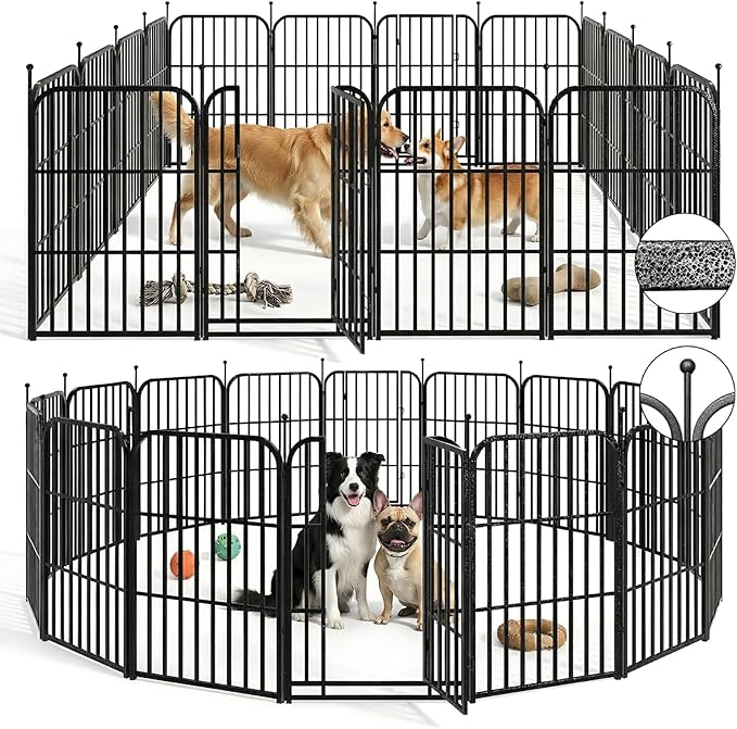 Metal Dog Playpen 40" 16 Panels with 2 Doors for Medium Large Dogs, Indoor Outdoor Exercise Pen for Yard RV Camping, Thickened Steel Tube, Gravity Lock & Ball Head Iron Rods