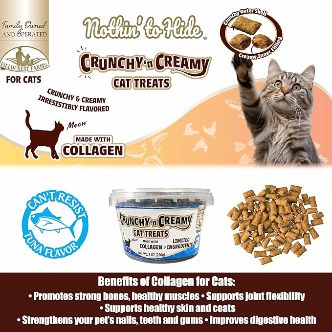Fieldcrest Farms Nothin’ to Hide Collagen Cat Treats – Crunchy & Creamy Cat Snacks, High-Protein Healthy Treats for Skin, Coat & Joint Support, Tuna Flavor, 8 oz.