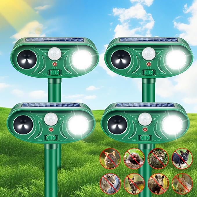 2026 Upgraded Solar Ultrasonic Animal Repeller Outdoor with Motion Sensor & LED Strobe Cat Repellent Outdoor Effective Dog, Deer, Raccoon, Squirrel Deterrent for Yard, Lawn, Garden 4 Pack