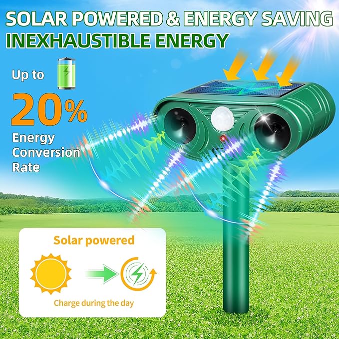 2026 Solar Animal Repellent Outdoor&Cat Repellent Outdoor with Motion Deer Repellent Devices Ultrasonic Cat Deterrent Fox Raccoon Squirrel Rabbit Coyote Deterrent for Farm Orchard Garden 4 PCS