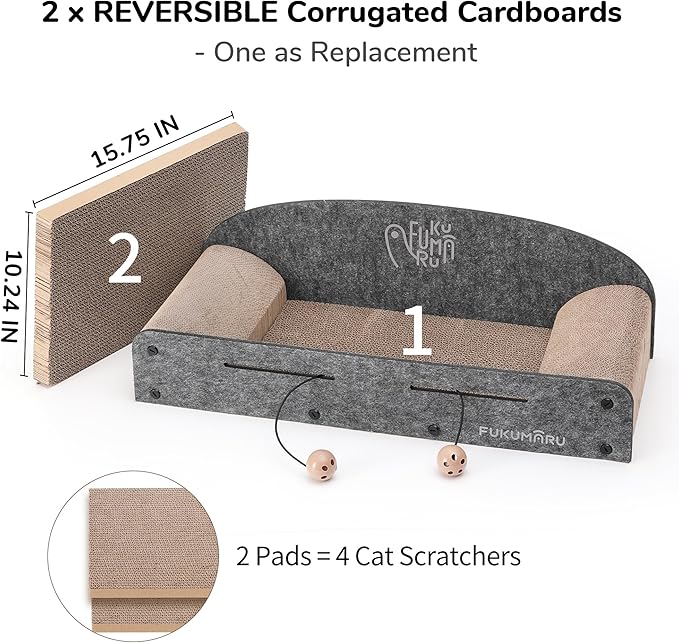 FUKUMARU 26 Inch Cat Scratcher Bed, 2 Reversible Cardboard Cat Scratch Pads Refill for Indoor Cats, Durable Large Cats Scratching Bed Sofa Couch Lounger with Fun Toys, Furniture Protector, Grey