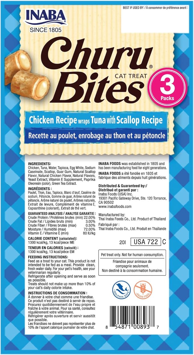 INABA Churu Bites for Cats, Soft/Chewy Baked Chicken Wrapped Churu Filled Cat Treats with Vitamin E, 0.35 Ounces per Tube, 18 Tubes Total (3 Tubes per Pack), Tuna with Scallop Recipe
