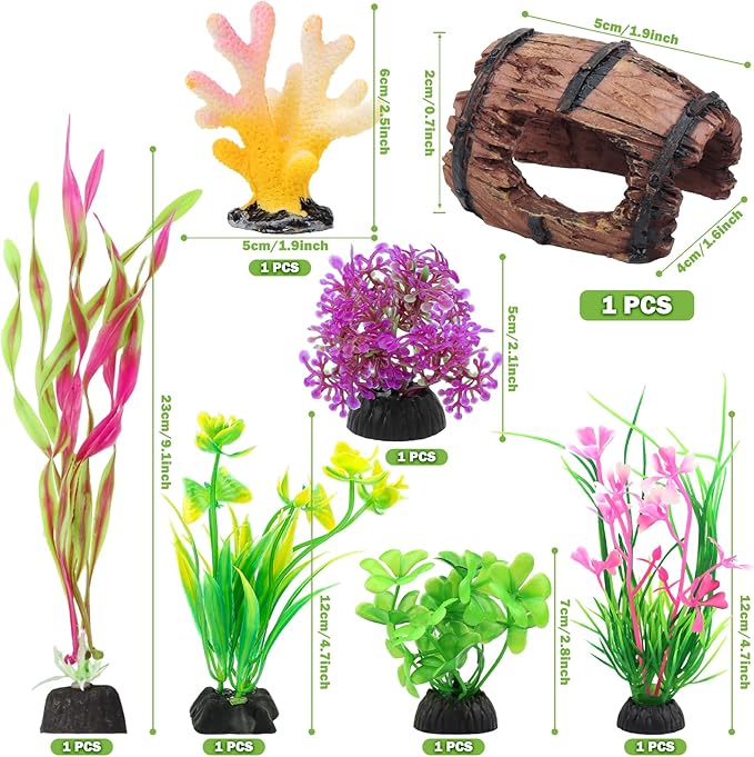 Small Fish Broken Barrel Decor Fish Tank Decorations Aquarium Accessories Plants Plastic Resin Barrel and Coral Hideout Ornaments Aquarium Decor Set 8 Pieces