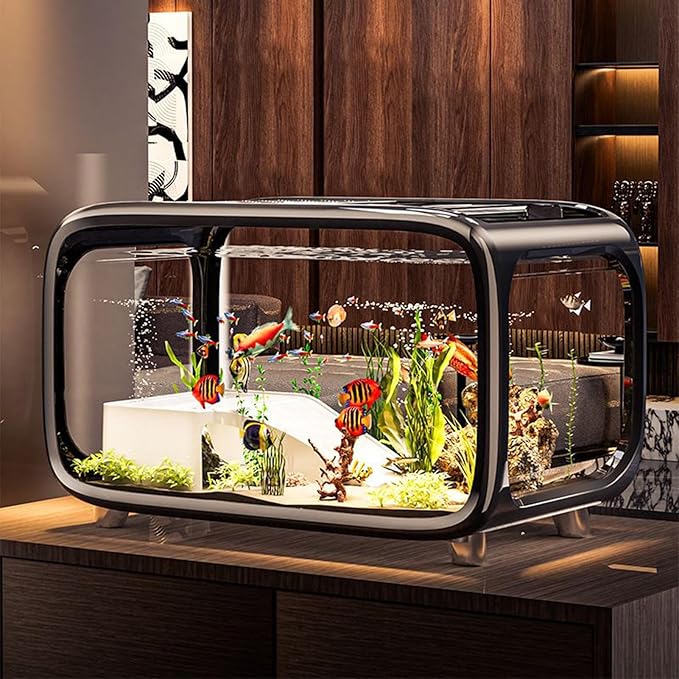 Small Aquarium | Desktop Fish Bowl Turtle Tank with Climbing Decor,Clear Living Habitat Landscape Decor with Top Feeding Hole for Aquatic Animals Shrimp Snails Aquatic Planting Betta