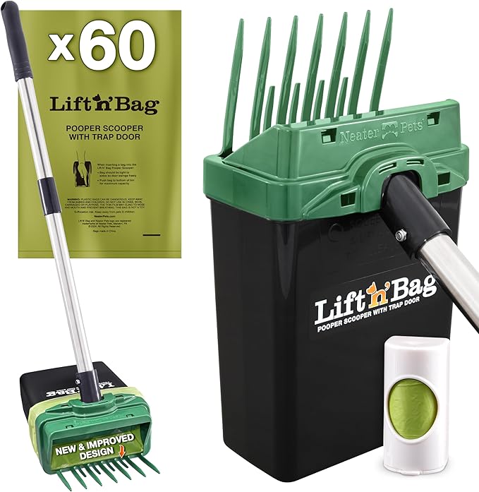 Neater Pet Brands Lift N’ Bag 2.0 Dog Pooper Scooper with Bag Attachment & 22" Pole for Small to Large Dogs, New & Improved Design, 60 Refill Bags, Heavy Duty Dog Poop Scooper for Yard, One-Hand Use