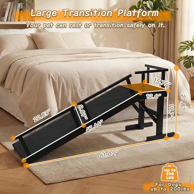 61" Dog Ramp for Bed,Birchwood Pet Ramp with Removable Side Rail and Non-Slip Surface, Pet Ramp for Small & Large Dogs with Rest Platform and DIY Glow Strips,Dog Stairs for Couch, Black