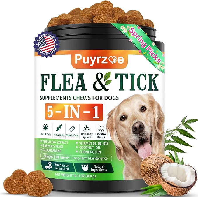 5-in-1 Dog Flea and Tick Treatment Chewable, Natural Flea and Tick Prevention for Dogs Chewable - Flea & Tick | Hip & Joint | Skin & Coat | Immunity Support | Digestive for All Breeds & Sizes
